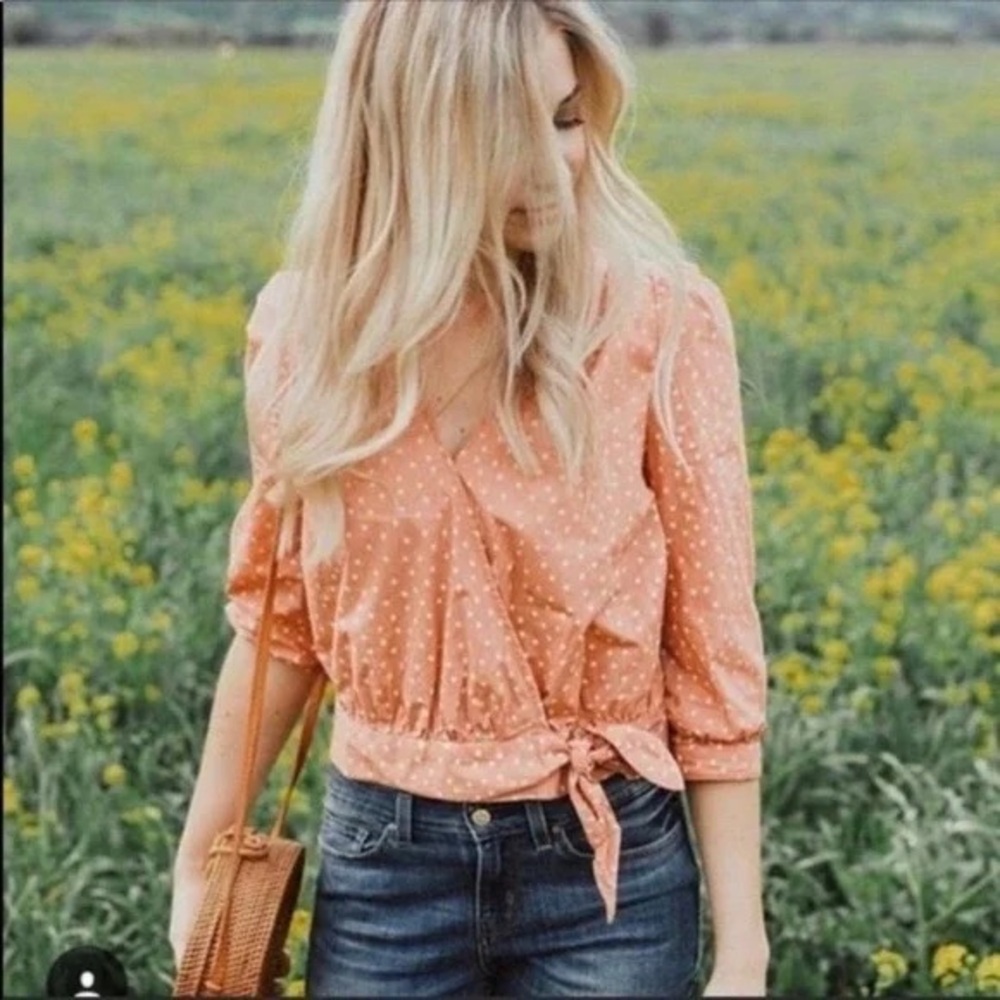 Madewell Peach Polka Dot Wrap Blouse